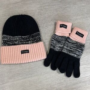 Koolaburra by UGG Marled Pink & Black Knit Beanie and Gloves Set
